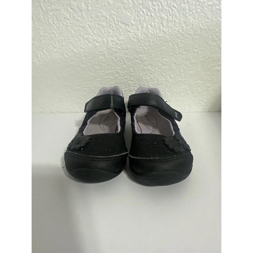Surprize by Stride Rite Katelyn Black Glitter Flower Mary Jane Shoes Kids Size 8